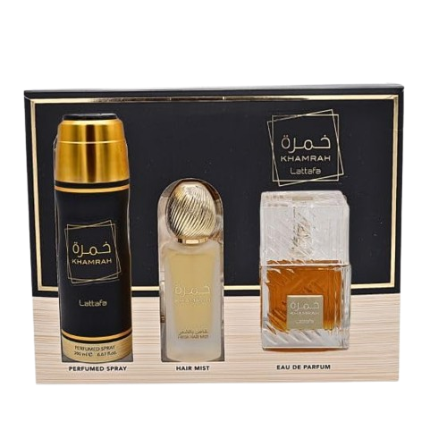 Set Lattafa Khamra Unisex / Perfume 100ml/ Body Spray 6.7 Oz / Air Freshener 10 Oz