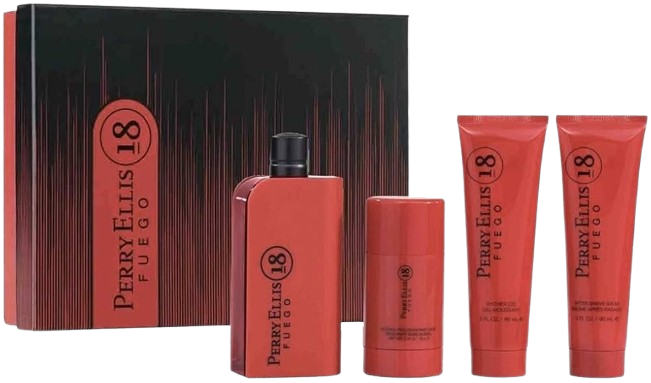 SET PERRY ELLIS 18 FUEGO MEN (4 PC SET) 3.4 OZ EDT SP, 3.0 OZ SG, 3.0 OZ AS, 2.75 OZ DEO STICK