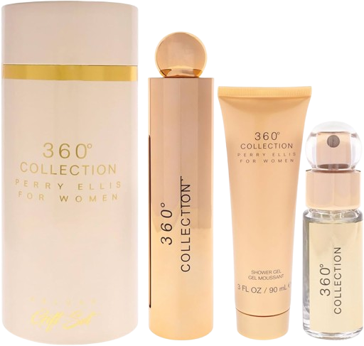 SET PERRY ELLIS 360 COLLECTION WOMEN  (3 PC ) 3.4 OZ EDT SP /  3.0 OZ  GEL  / MINI