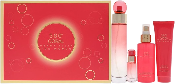 SET PERRY ELLIS 360 CORAL WOMAN ( 4 PC SET ) .4 OZ EDP + 4.0 OZ MIST + 3.0 OZ S/GEL + MINI