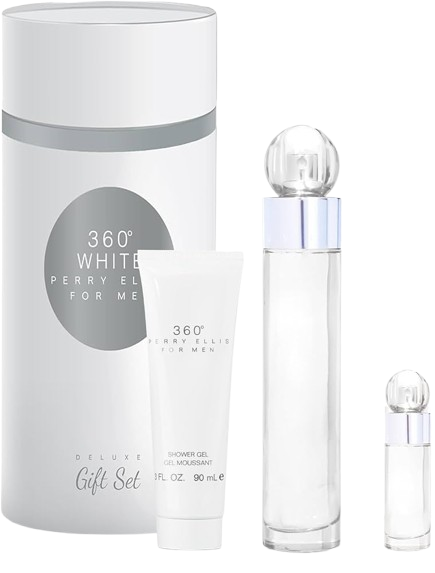 SET PERRY ELLIS 360 WHITE MEN ( 3 PC ) 3.4 OZ EDT /3.0 OZ GEL + MINI -CANISTER