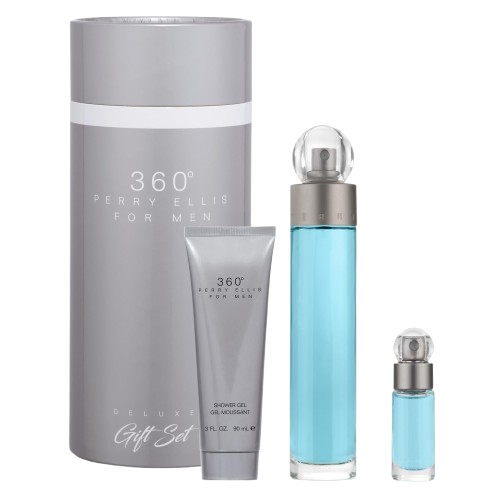 SET PERRY ELLIS 360 MEN ( 3 PC ) 3.4 OZ EDT  /  3.0 OZ S/GEL / MINI