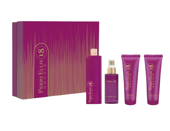 SET PERRY ELLIS 18 ORCHID WOMEN (4 PC ) 3.4 OZ EDP SP / 4.0 OZ MIST / 3.0 OZ BL / 3.0 OZ S/GEL
