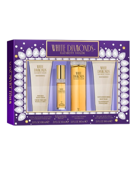 SET ELIZABETH TAYLOR WHITE DIAMOND WOMEN (4 PC ) 3.4 OZ EDT SP /3.4 OZ BL / 3.4 OZ SG/ MINI