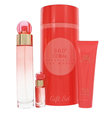 SET PERRY ELLLIS 360 CORAL WOMEN  (3 PC ) 3.4 OZ EDP SP/3.0 OZ SG +MINI