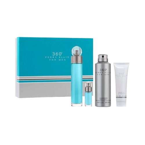 SET PERRY ELLIS 360 MEN ( 4PCS SET ) TURQUOISE BOX 3.4 OZ EDT / 3.0 OZ SG /EUT 0.25 OZ MINI / 6.8 OZ. BODY