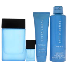 SET PERRY ELLIS PURE BLUE MEN (4PC) 3.4 OZ EDT SP / 3.0 OZ S/GEL /  6.0 OZ DEO + MINI